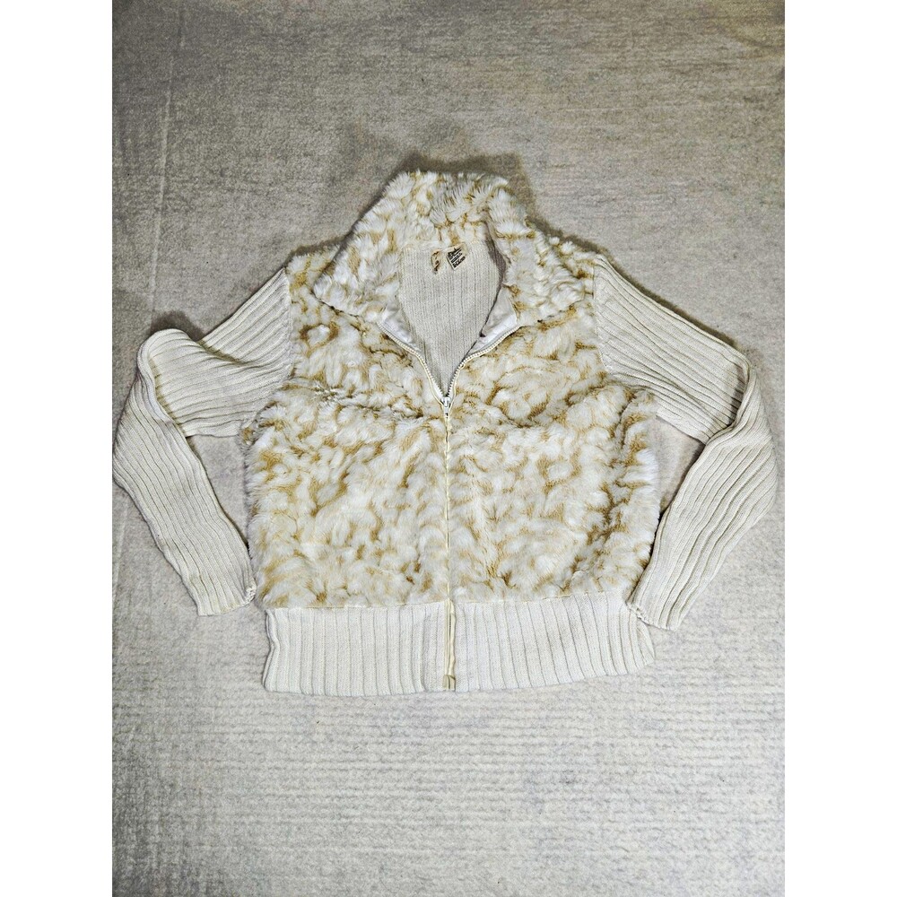 Tiara Y2K Ivory Faux Fur Full Zip Collared Knit Cardigan Sweater Long Sleeve L